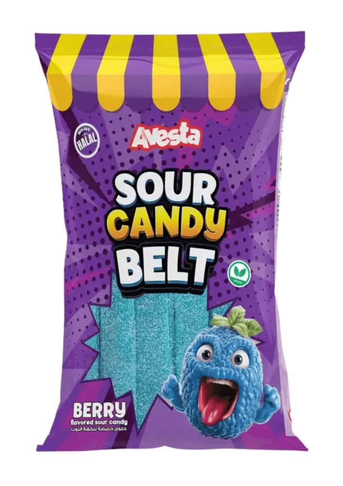 Avesta Sour Belt Berry Fruit, lanière acidulée fruits rouges américaine plate et souple avec coating sour, bonbon importé