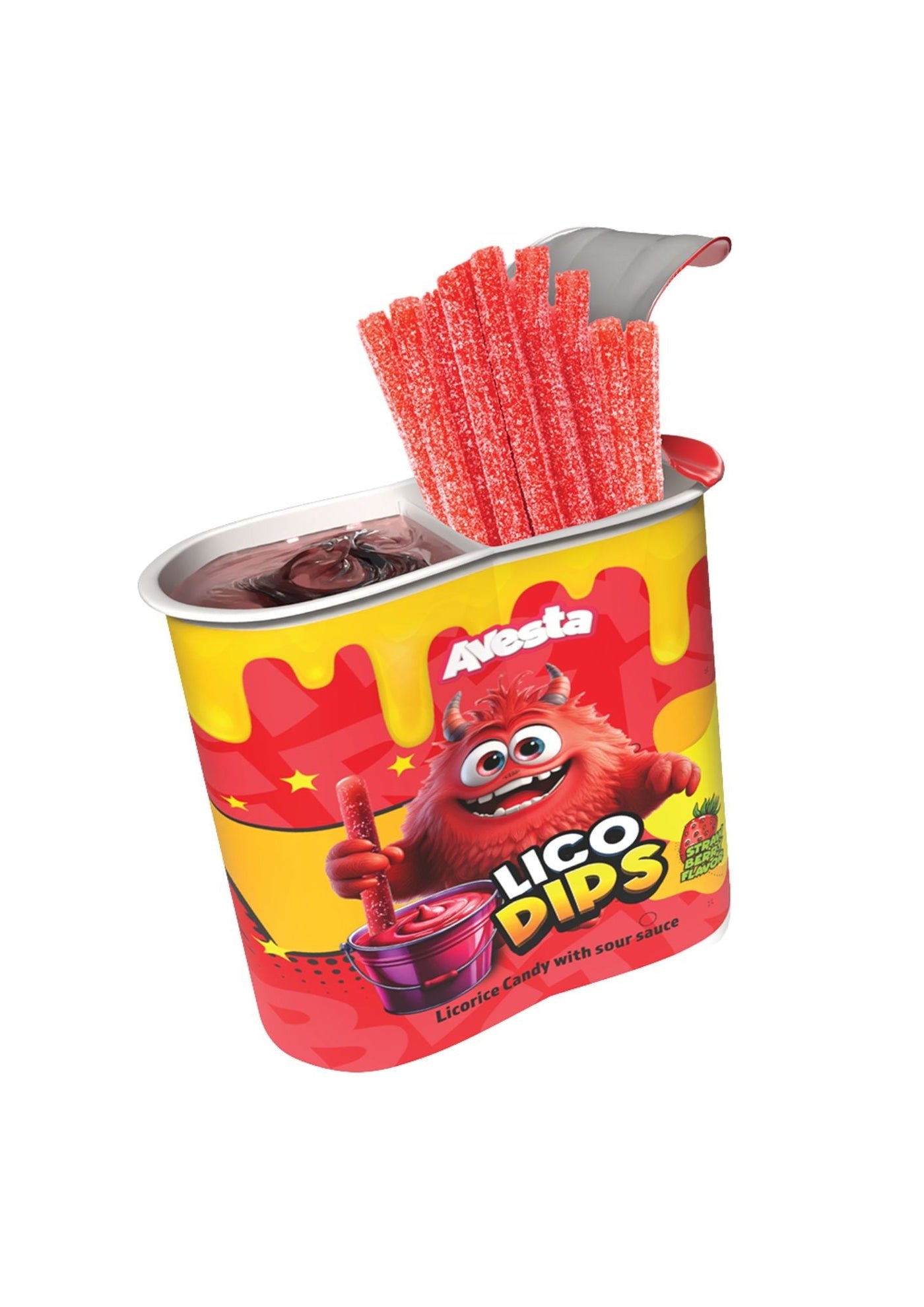 Avesta Lico Dips Strawberry bonbon bande acidulée fraise avec sirop à tremper