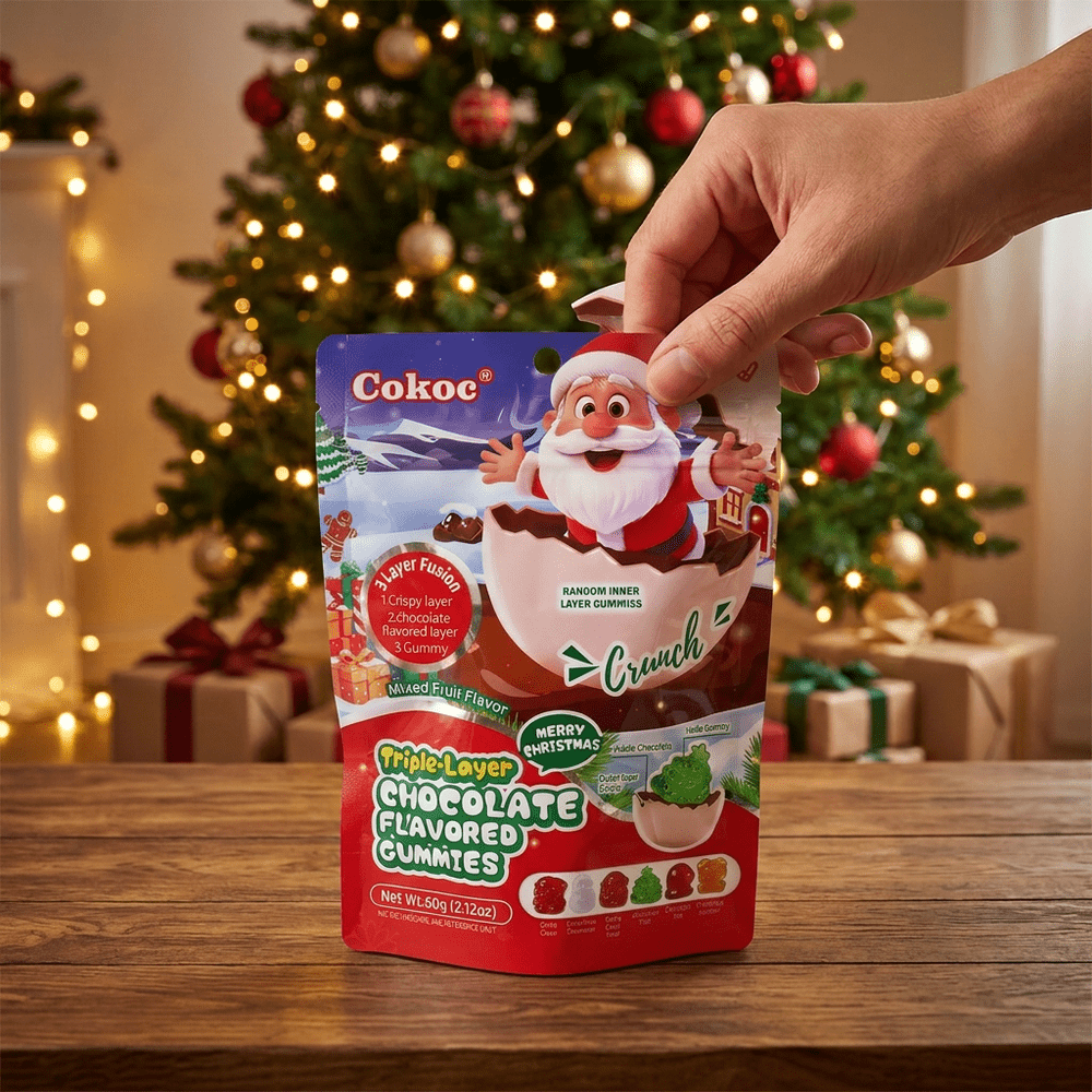 Gominolas Cokoc de frutas variadas con sabor a fruta y tres capas de Navidad