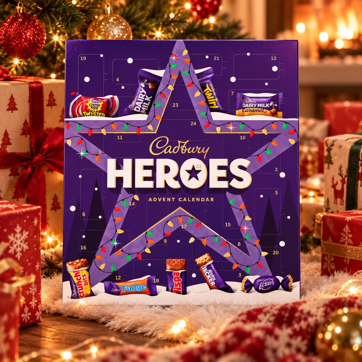 Calendrier de l'Avent Cadbury Heroes violet avec chocolats assortis, présenté devant un sapin de Noël illuminé et des cadeaux.
