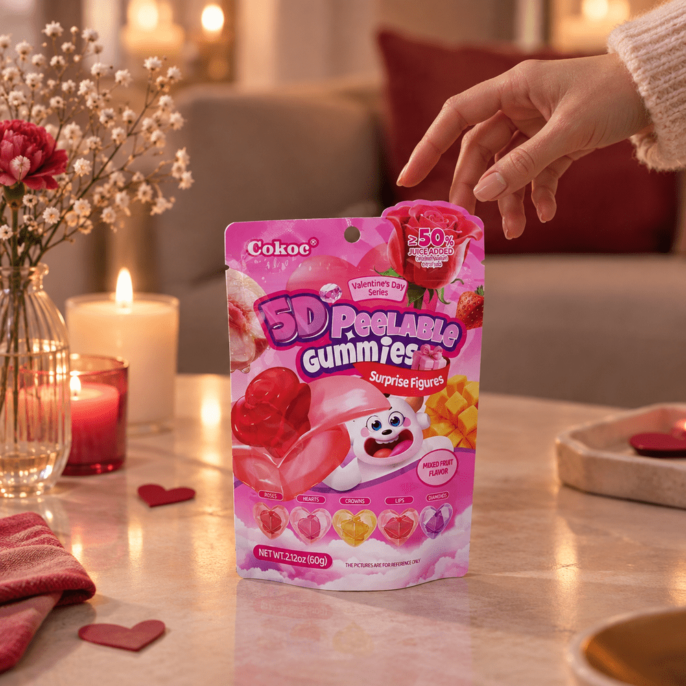 Gominolas Cokoc 5D pelables de frutas variadas con sabor a fruta del Día de San Valentín