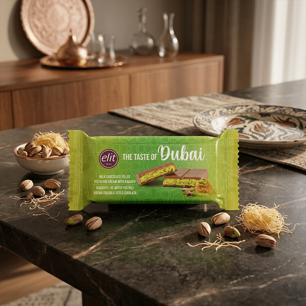 Chocolate con leche, crema de pistacho y kadaif Elit Dubai