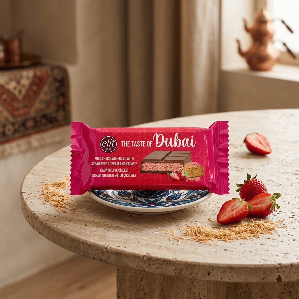 Elit Dubai Chocolate con Leche Relleno Crema de Fresa y Kadayif