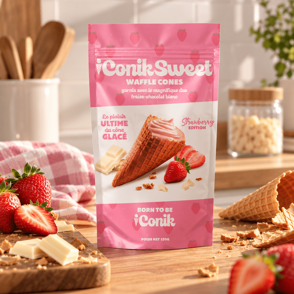 Conos de barquillo iConiksweet de chocolate blanco y fresa