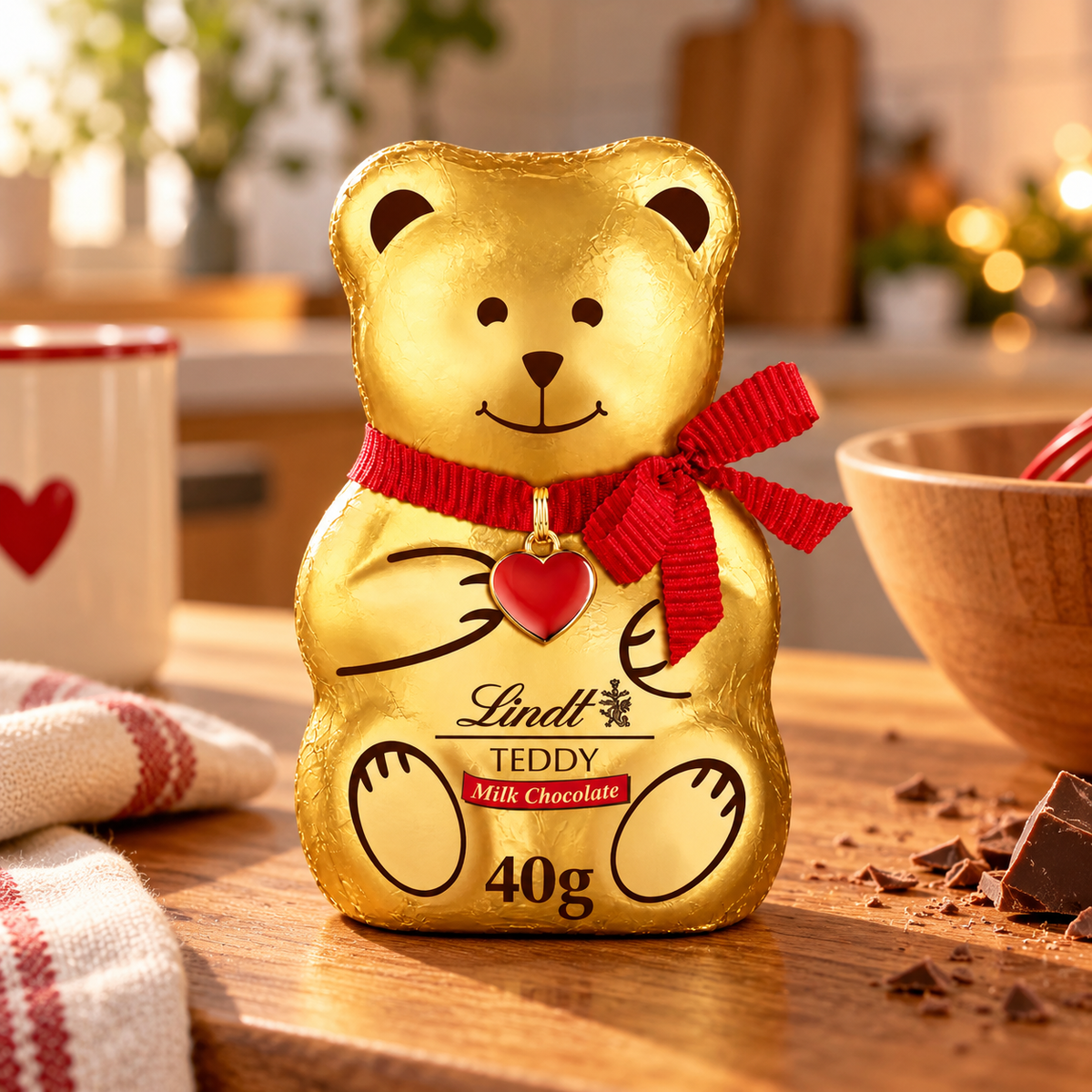 Ourson Lindt Teddy Milk Chocolate 40 g en chocolat au lait, emballé dans du papier doré avec un ruban rouge et un cœur.
