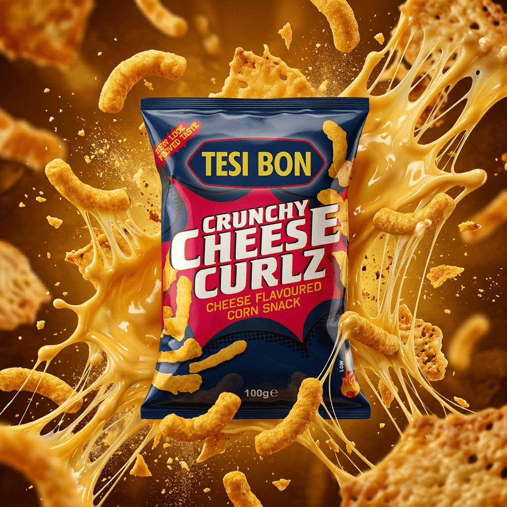 Autour du paquet de snack salé Tesi Bon Crunchy Cheese Curlz en lévitation, dans un univers dynamique, gravitent des chips, des éclats de chips et du fromage grillé, ainsi que des éclaboussures et des filets de fromage fondu – disponible sur My American Shop