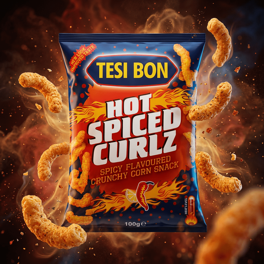 Autour du paquet de snack salé Tesi Bon Honey Puffs Cheese en lévitation, dans un univers dynamique, gravitent des chips, des éclats de chips, ainsi que des tourbillons de miel et de fromage fondu – disponible sur My American Shop