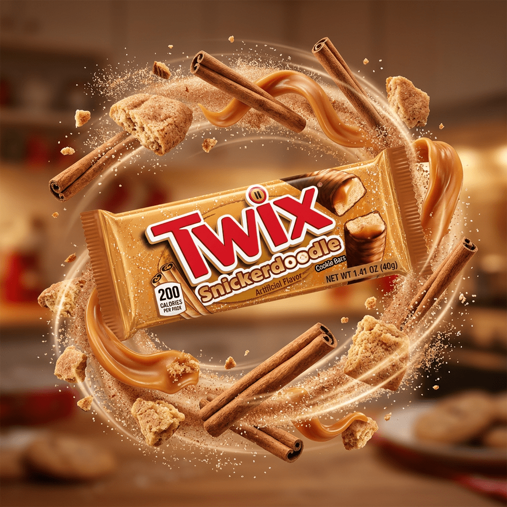 Autour du paquet de barres chocolatées Twix Snickerdoodle en lévitation, dans un univers dynamique, gravitent des bâtons de cannelle, des éclats de biscuits Snickerdoodle, des coulures de caramel, des grains de sucre et de la cannelle en poudre – disponible sur My American Shop