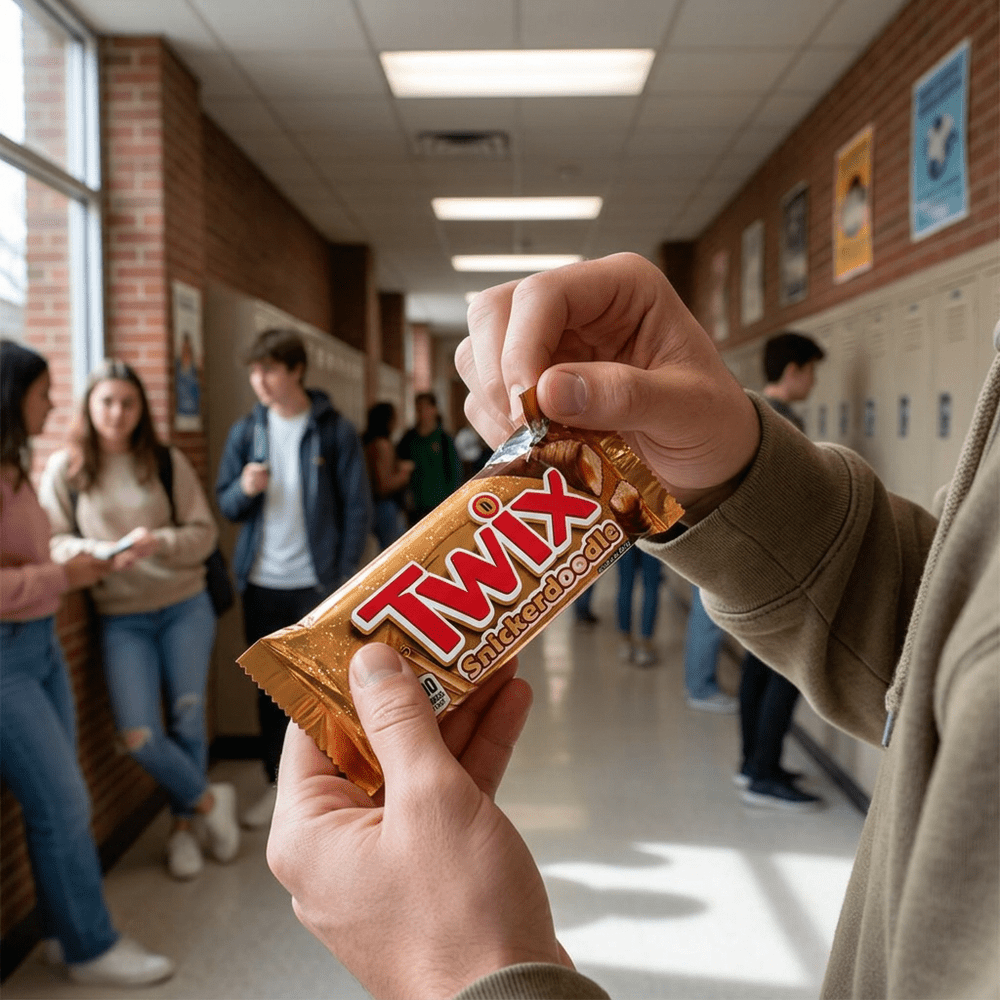 Le paquet de barres chocolatées Twix Snickerdoodle est tenu dans la main d’une personne en train d’ouvrir l’emballage ; en arrière-plan, un couloir d’une école universitaire avec des étudiants – disponible sur My American Shop
