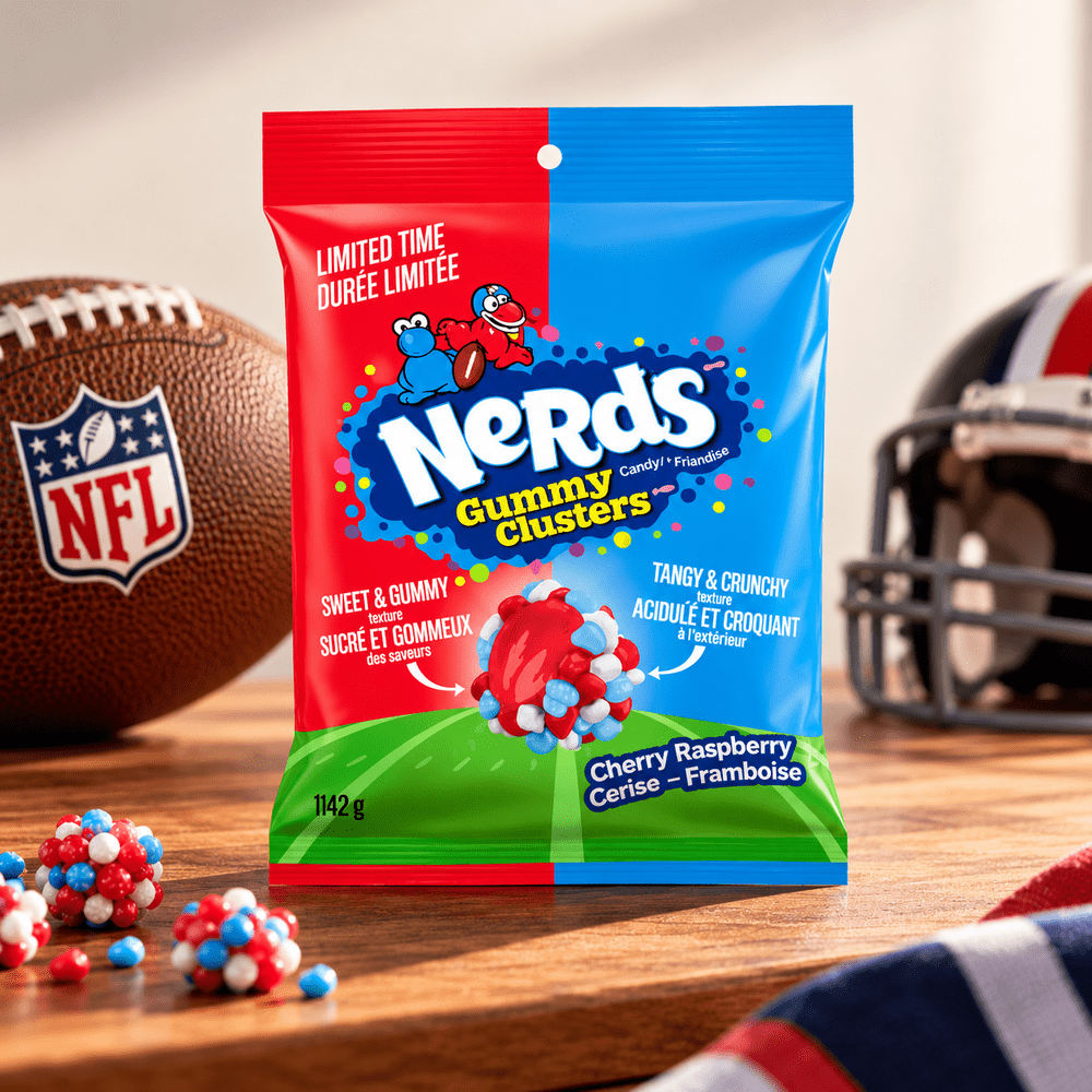 Sachet Nerds Gummy Clusters NFL Cherry Raspberry, bonbons croquants cerise framboise sur une table avec ballon de football américain.