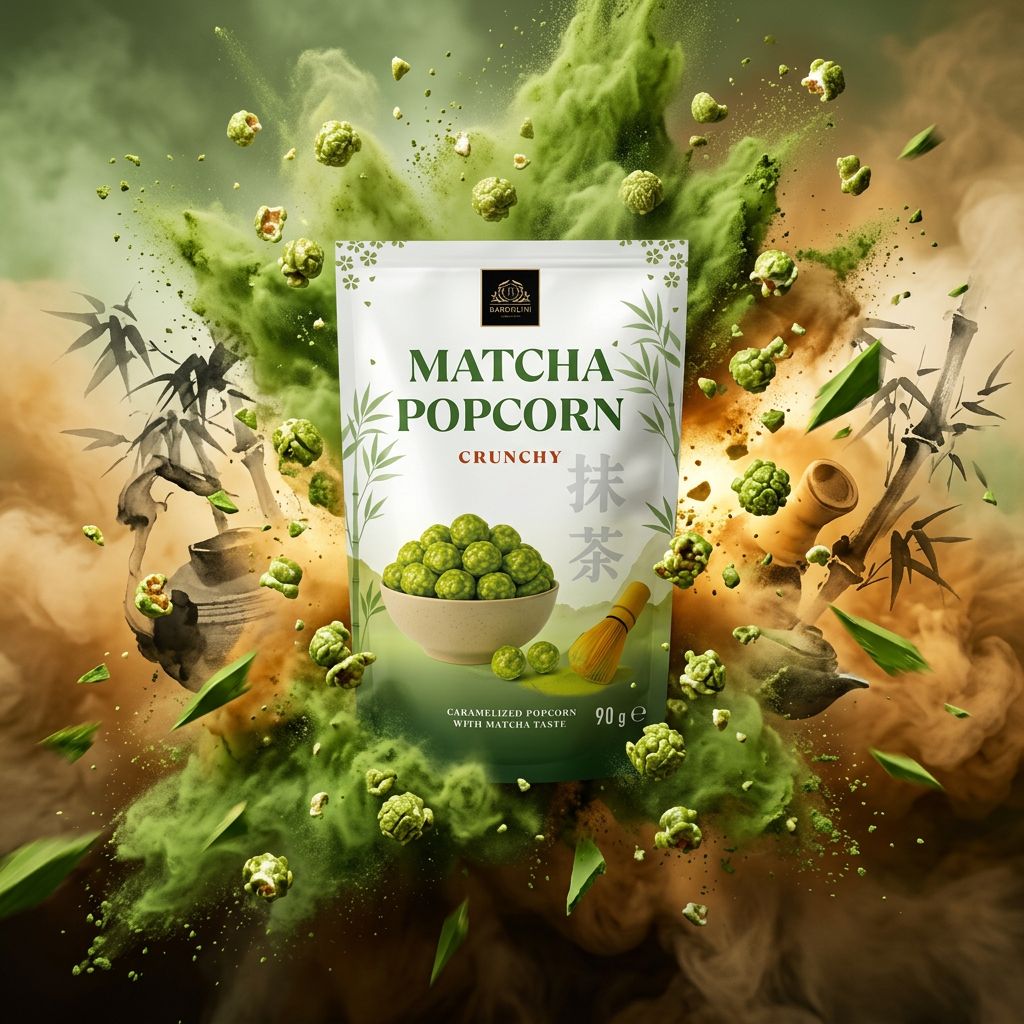 Bardollini Matcha Popcorn Crunchy, snack premium saveur thé vert japonais en sachet, disponible sur My American Shop