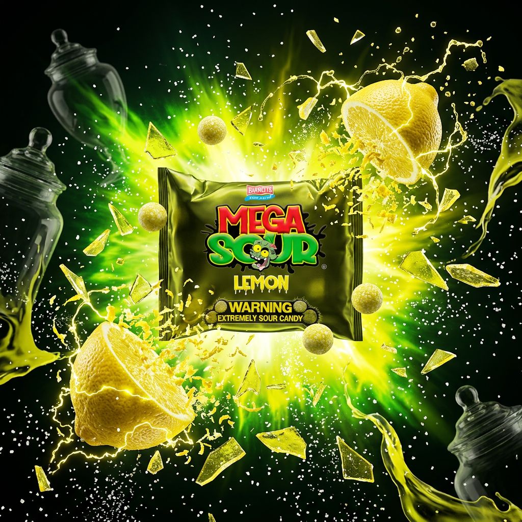 Barnetts Mega Sour Lemon, bonbon dur ultra acidulé au citron, origine Royaume-Uni, disponible sur My American Shop