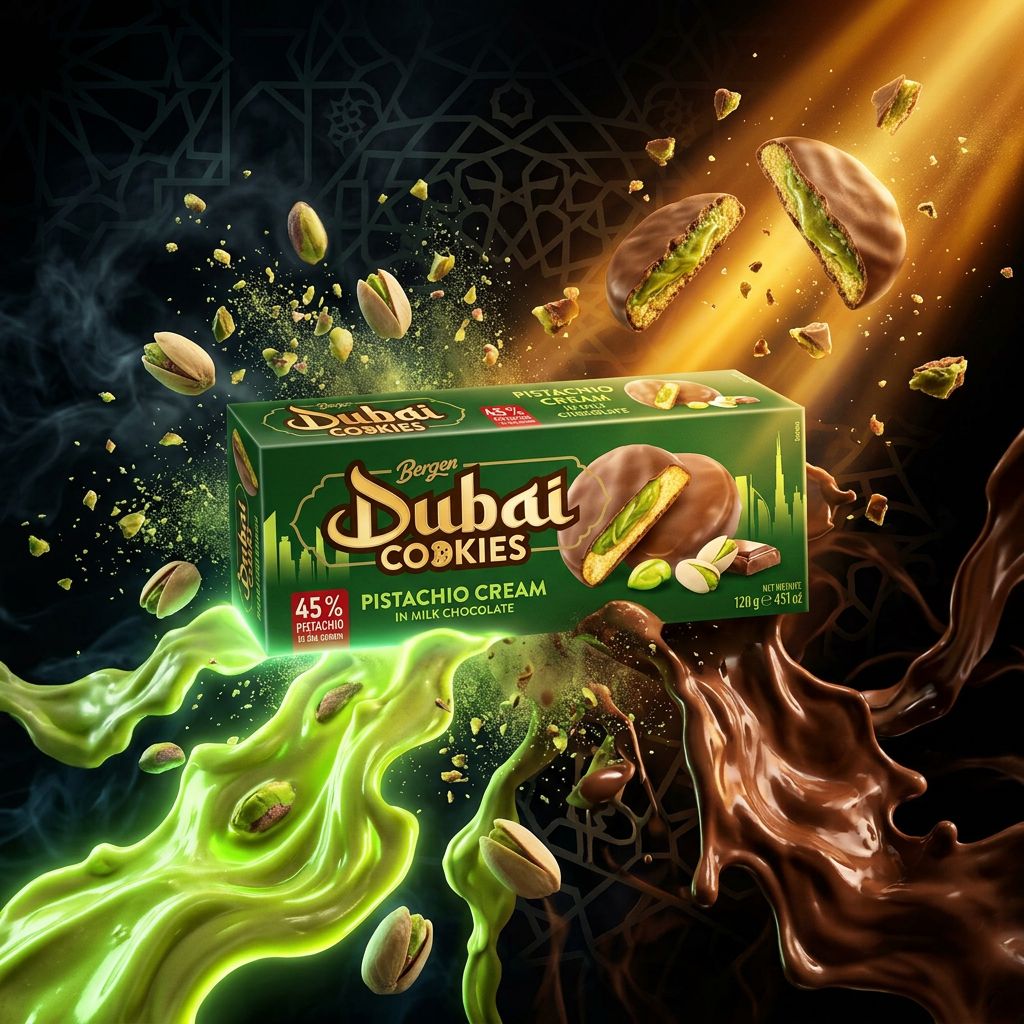 Bergen Dubai Style Cookies Pistachio, biscuits chocolat lait et crème pistache, disponible sur My American Shop