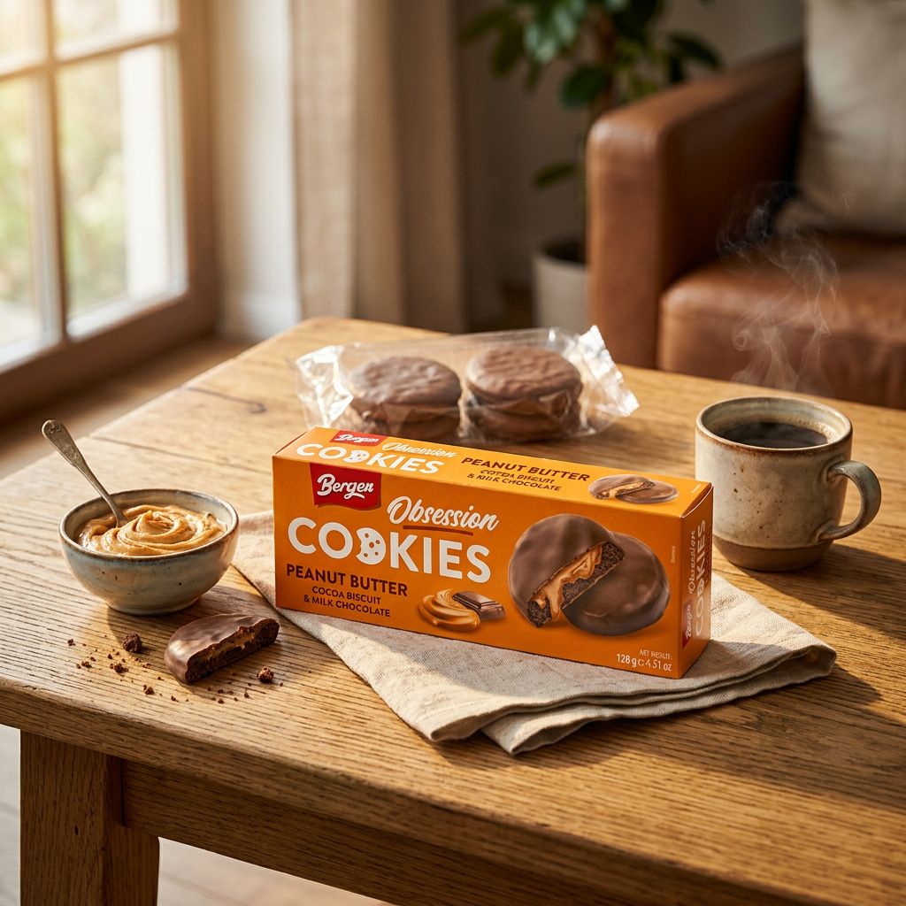 Bergen Obsession Cookies beurre de cacahuète cacao enrobés chocolat lacté importés, disponible sur My American Shop