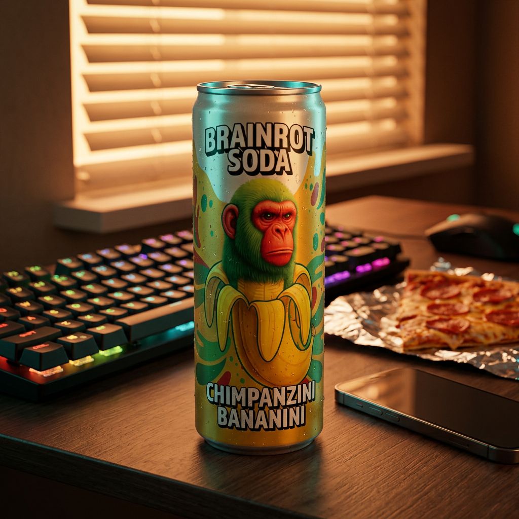 Canette Brainrot Soda Chimpanzini Bananini, saveur banane, zéro sucre, édition virale TikTok 2025, disponible sur My American Shop