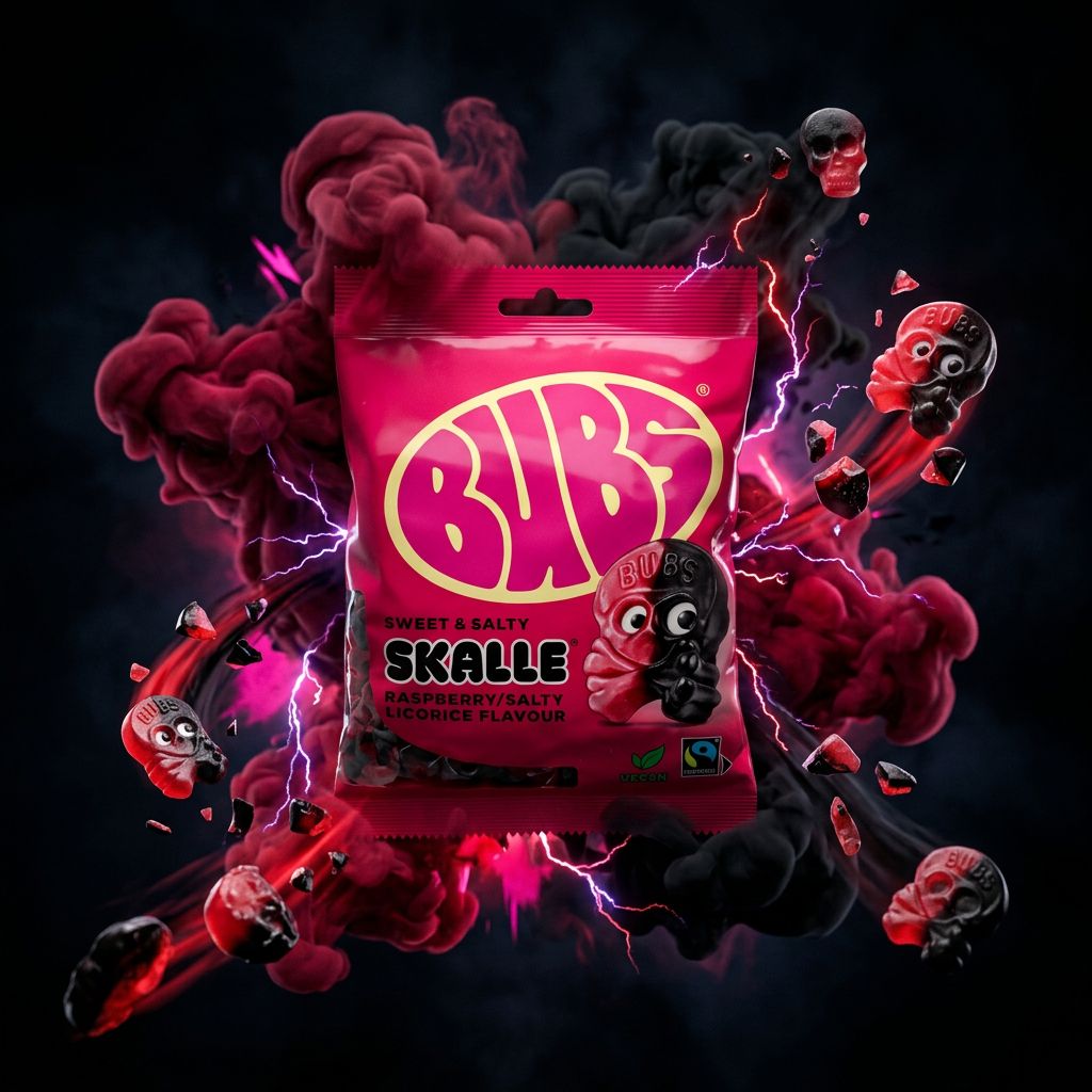 Bubs Godis Skulls framboise et réglisse, bonbons suédois en forme de tête de mort, disponible sur My American Shop