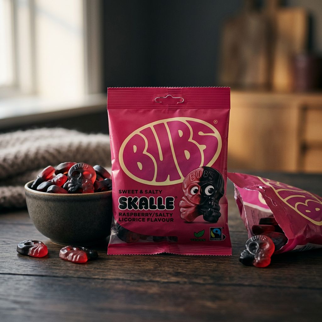 Bubs Godis Skulls framboise et réglisse, bonbons suédois en forme de tête de mort, disponible sur My American Shop