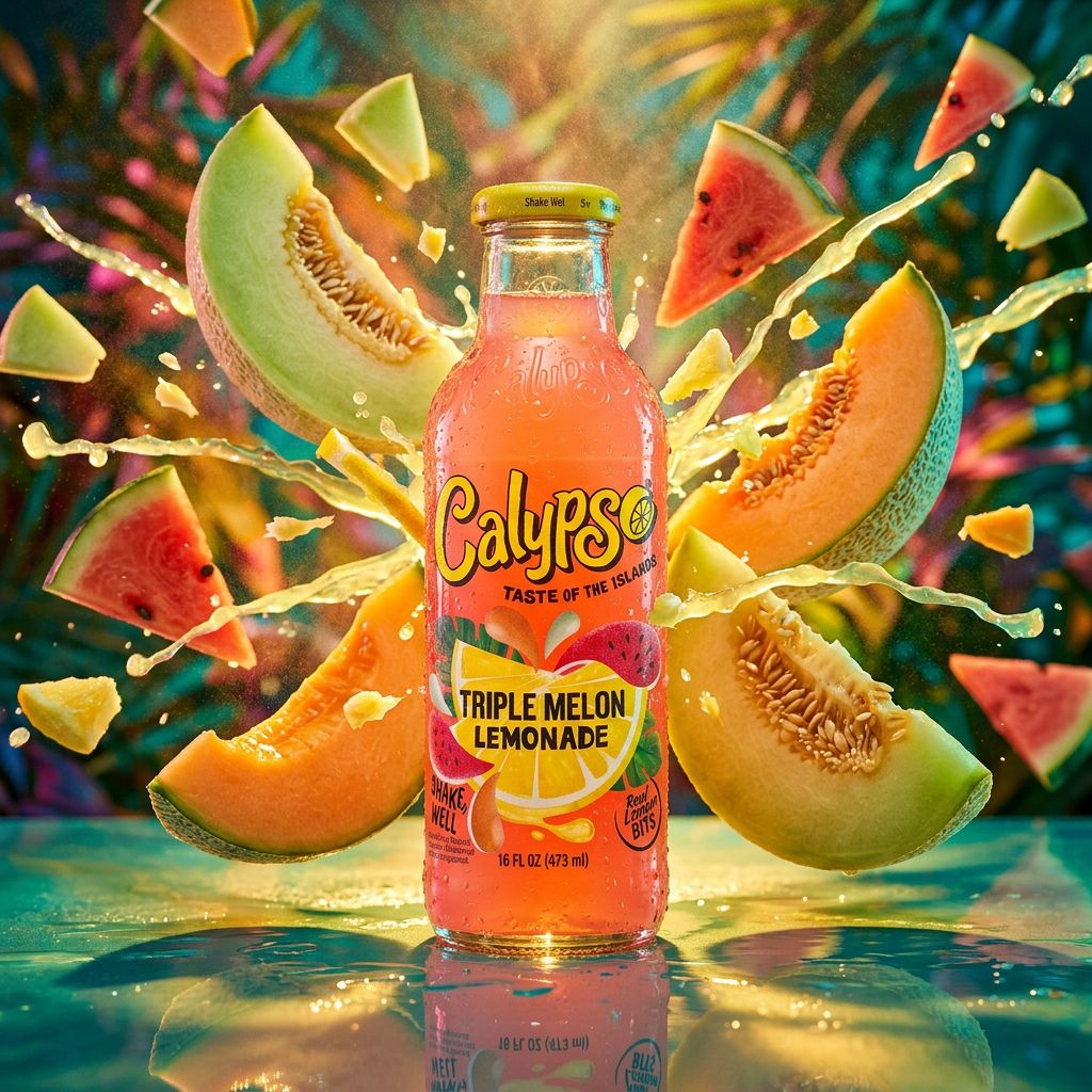 Calypso Lemonade Triple Melon, boisson américaine fruitée en bouteille, saveur melon et citron, disponible sur My American Shop