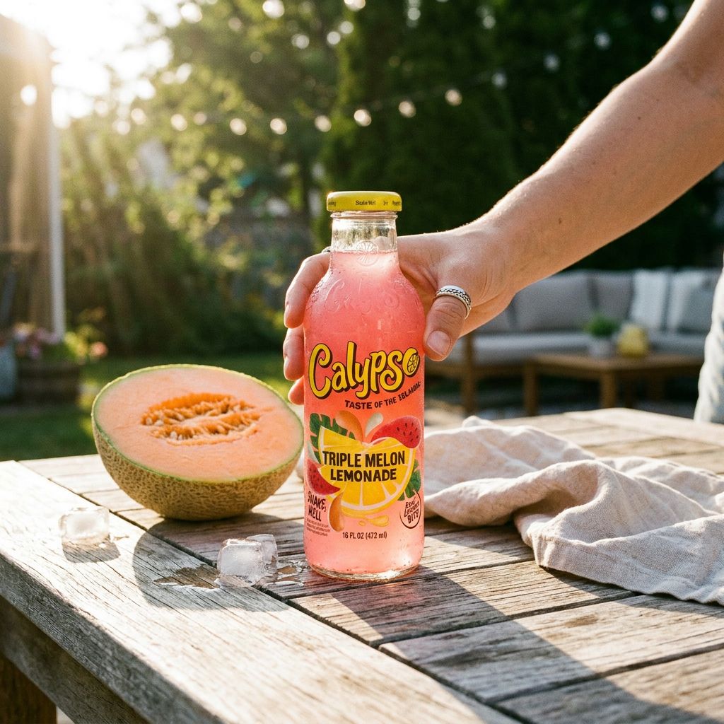 Calypso Lemonade Triple Melon, boisson américaine fruitée en bouteille, saveur melon et citron, disponible sur My American Shop