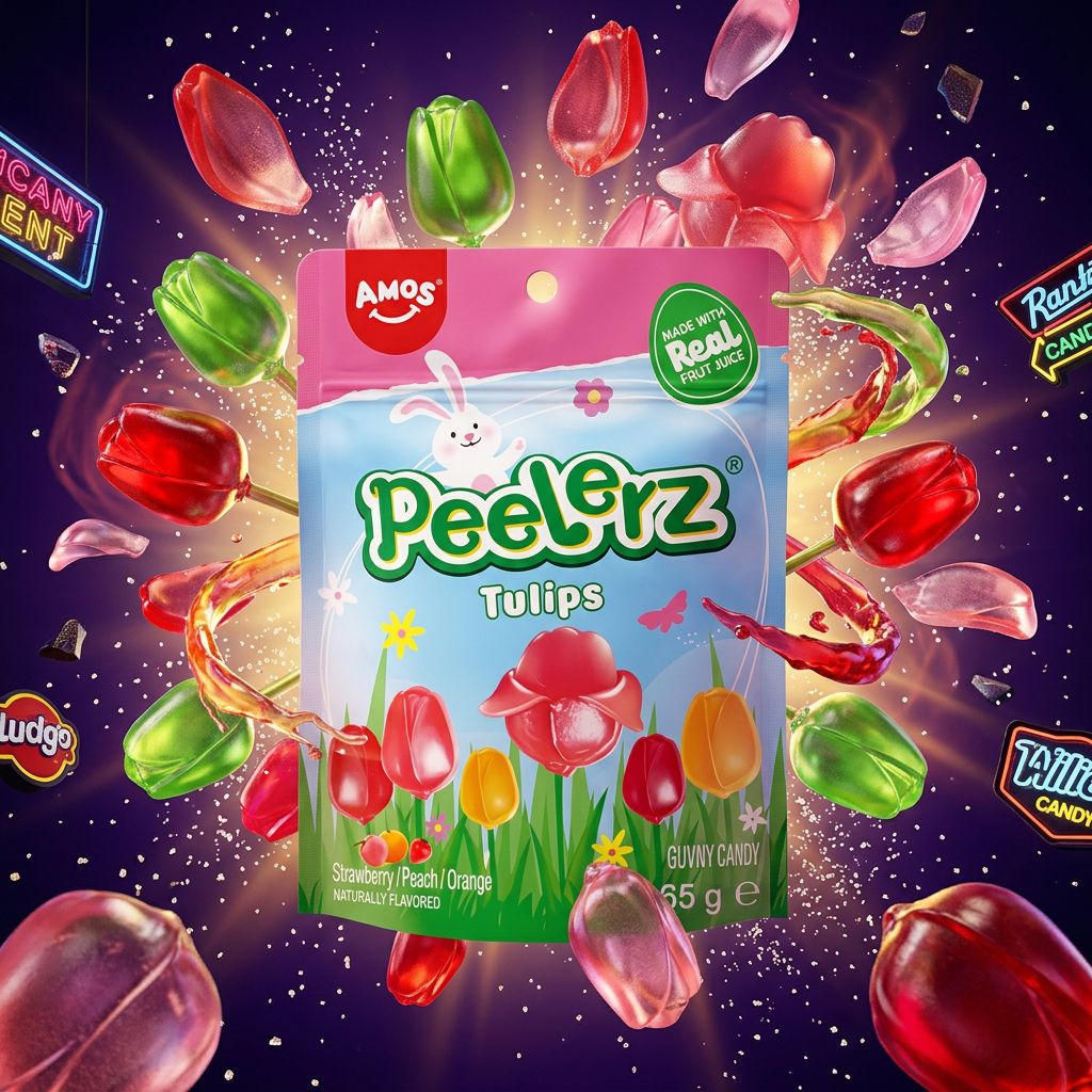 Amos Peelerz Gummy Tulips Easter, bonbons gummies épluchables pomme fraise cerise, importés USA, disponible sur My American Shop
