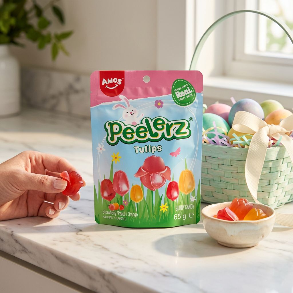 Amos Peelerz Gummy Tulips Easter, bonbons gummies épluchables pomme fraise cerise, importés USA, disponible sur My American Shop