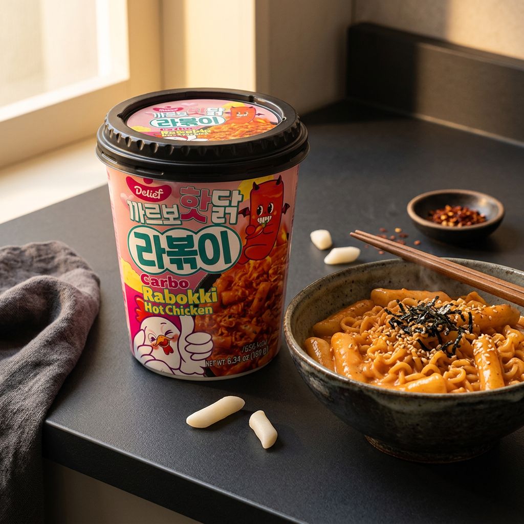 Delief Rabokki Hot Chicken Carbo, plat coréen épicé carbonara avec tteok et nouilles, disponible sur My American Shop