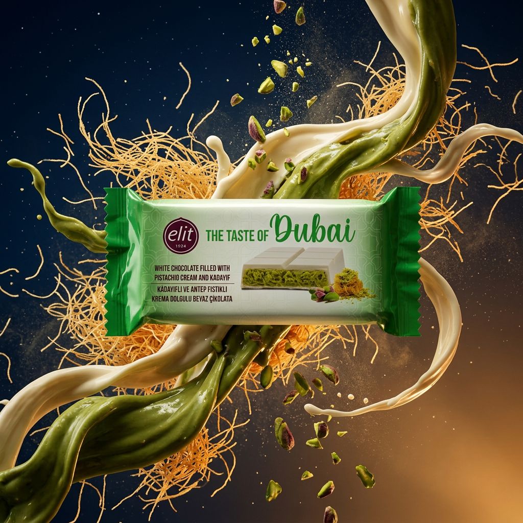 Elit Dubai White Chocolate Pistachio, barre chocolat blanc pistache kadayif tendance Dubai, disponible sur My American Shop