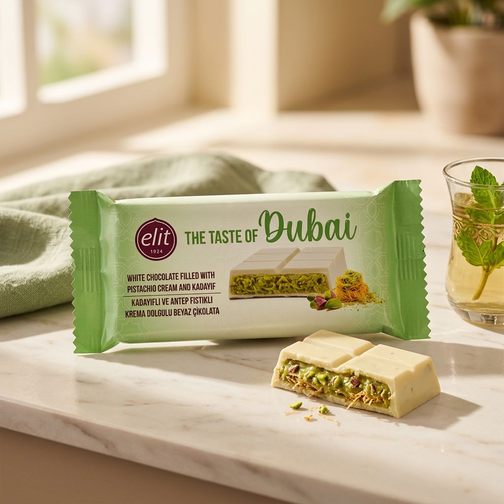 Elit Dubai White Chocolate Pistachio, barre chocolat blanc pistache kadayif tendance Dubai, disponible sur My American Shop