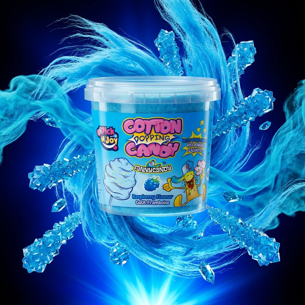 Funnycandy Poppin Cottin Candy Blue Raspberry, barbe à papa framboise bleue, disponible sur My American Shop