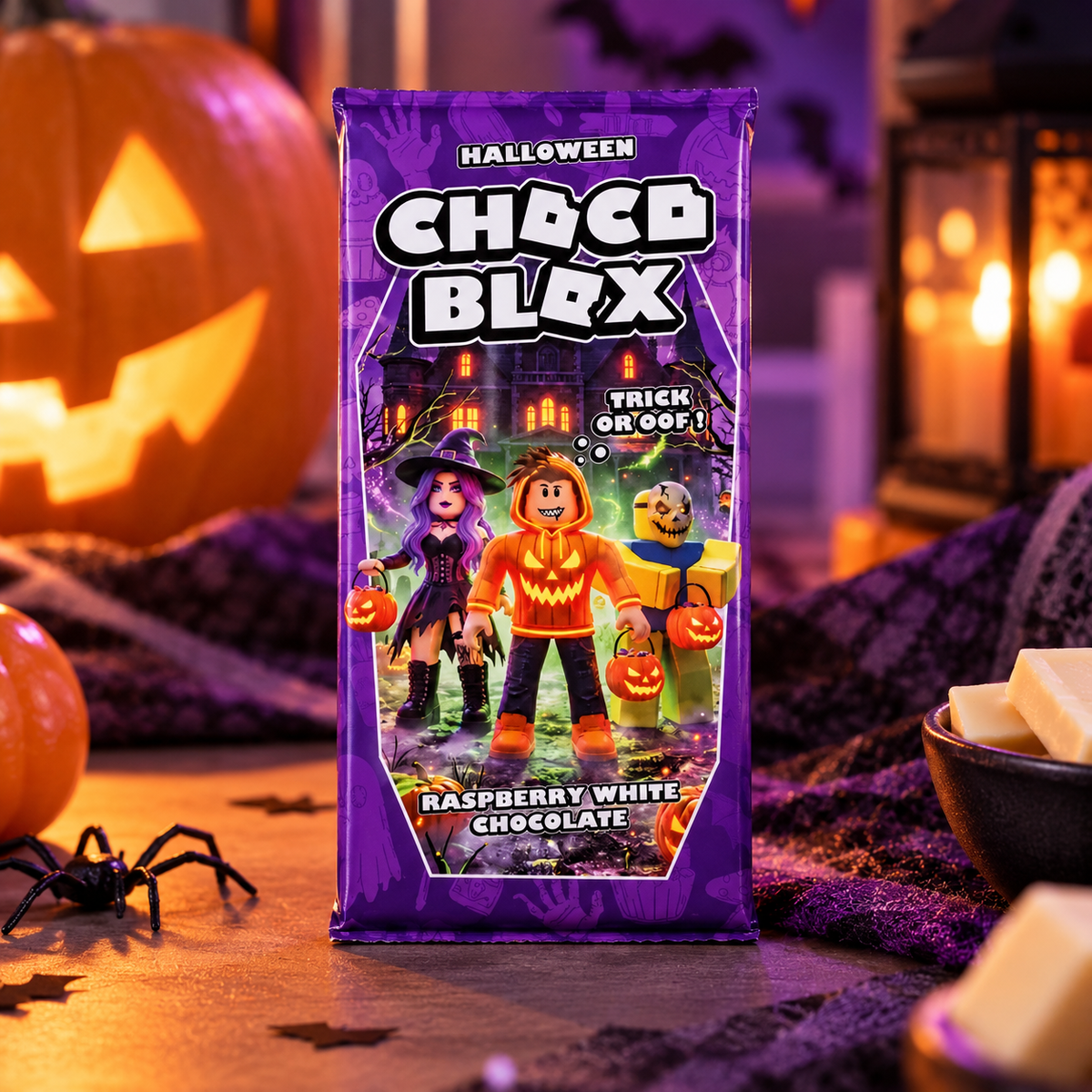 Choco Blox Halloween de chocolate blanco con frambuesa