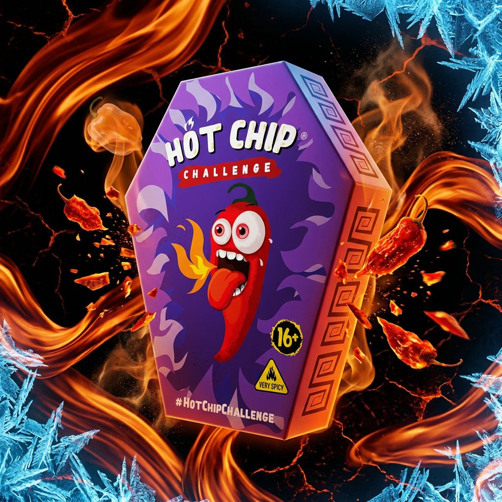 Hot Chip Challenge, chip individuelle ultra-épicée aux 4 piments, emballage cercueil, marque suédoise, disponible sur My American Shop