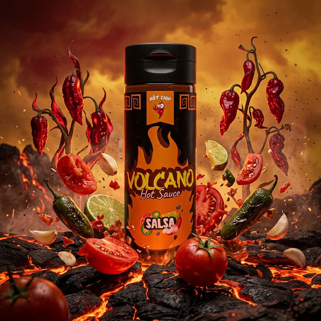 Hot Chip Volcano Salsa Hot Sauce au Ghost Pepper et Jalapeño, sauce pimentée importée, disponible sur My American Shop
