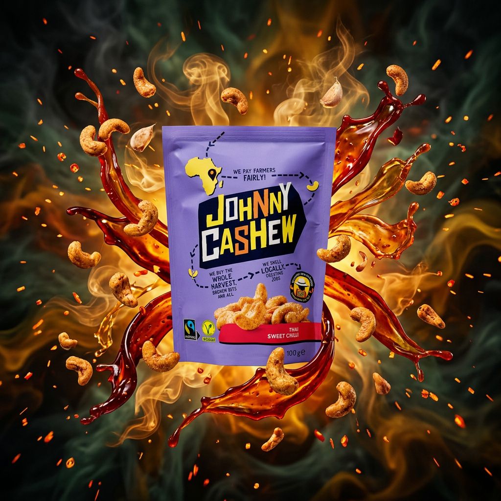 Johnny Cashew Thai Sweet Chili, noix de cajou grillées saveur piment doux thaï, sachet snack premium, disponible sur My American Shop