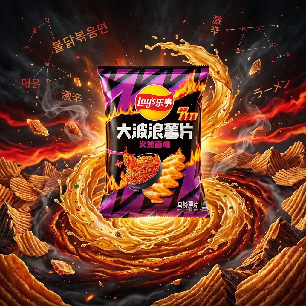 Lay's Big Wave Hot Chicken Noodle, chips ondulées saveur ramen épicé venues d'Asie, disponible sur My American Shop