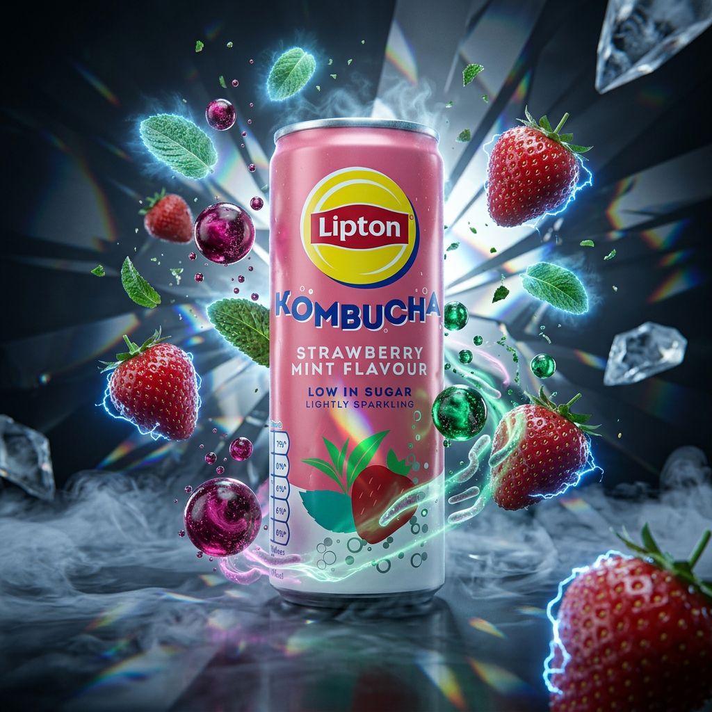 Lipton Kombucha Fraise Menthe, boisson pétillante fermentée américaine en canette, disponible sur My American Shop