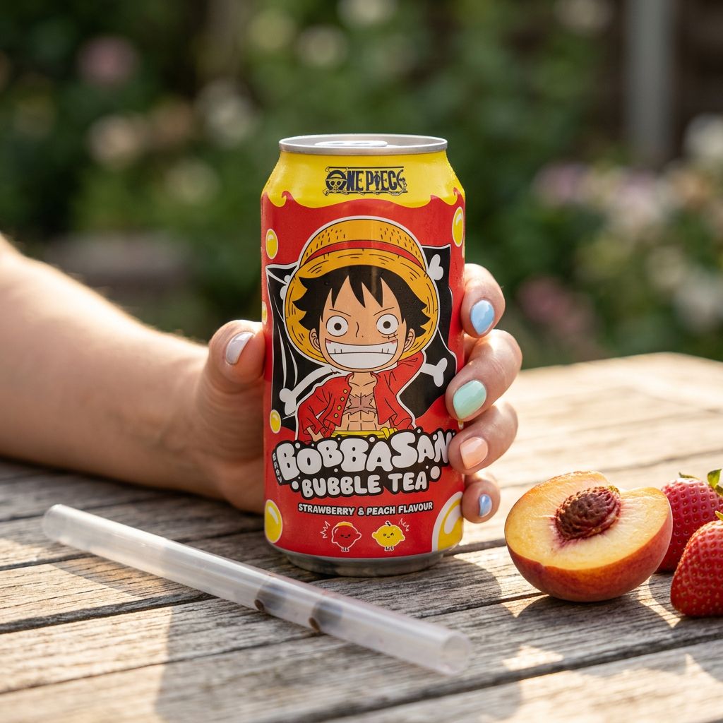 Luffy Bubble Tea Pêche Fraise Ultra Ice Tea en canette avec perles de tapioca, disponible sur My American Shop