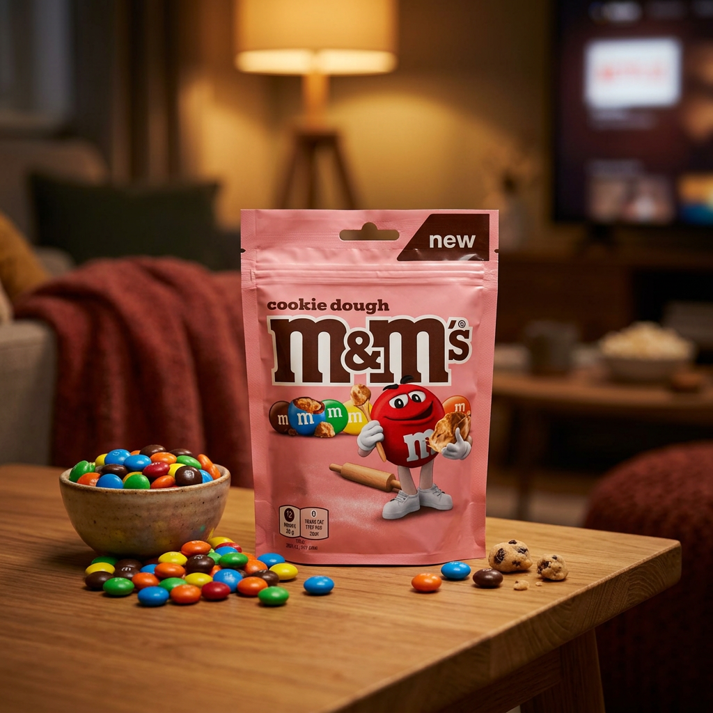 M&M's Cookie Dough Pouch 176g, dragées chocolat au lait fourrées coeur fondant saveur pâte à cookie, enrobage coque sucrée colorée, format pochette genereux disponible sur My American Shop.