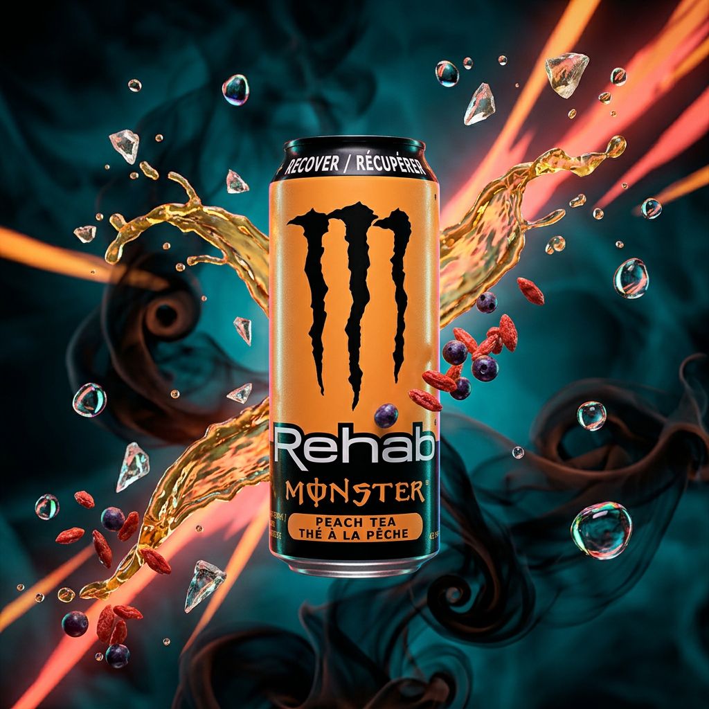Monster Energy Rehab Tea Peach 500ml, boisson importée des USA, disponible sur My American Shop
