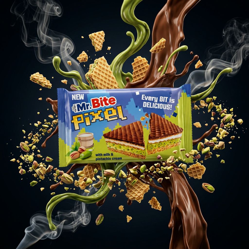 Mr.Bite Pixel chocolat lait et crème pistache, snack multicouche importé, disponible sur My American Shop