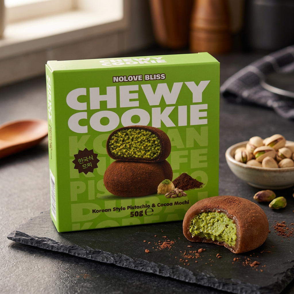 NoLove Bliss Chewy Cookie Pistachio Cocoa Mochi, snack mochi moelleux fourré à la crème pistache avec 15% de vraies pistaches et enrobage cacao biscuité, texture chewy et crémeux, disponible sur My American Shop.