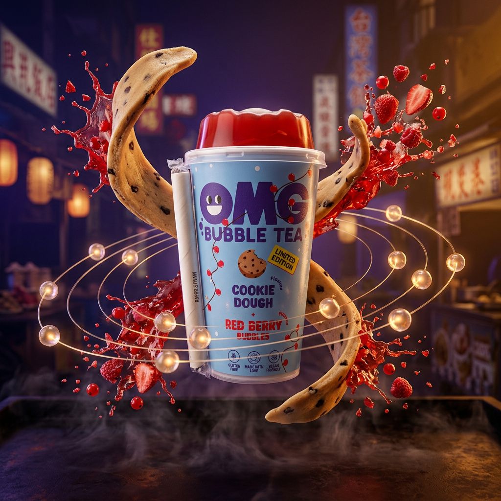 OMG Bubble Tea Cookie Dough & Red Berry, billes de tapioca, thé vert, origine Asie, disponible sur My American Shop