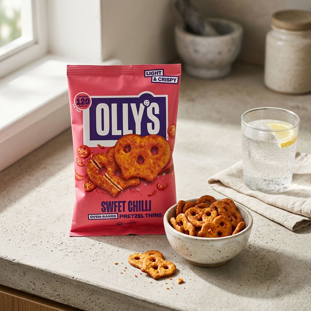 Olly's Pretzel Thins Sweet Chilli, snack croustillant saveur douce-pimentée, marque britannique, disponible sur My American Shop