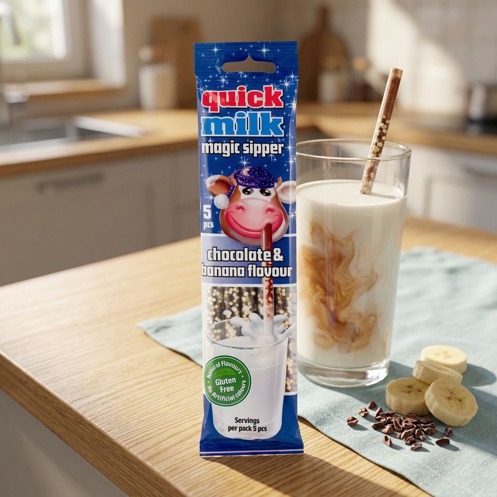 Quick Milk Magic Sipper saveur Chocolat Banane, paille aromatisée américaine virale TikTok, disponible sur My American Shop