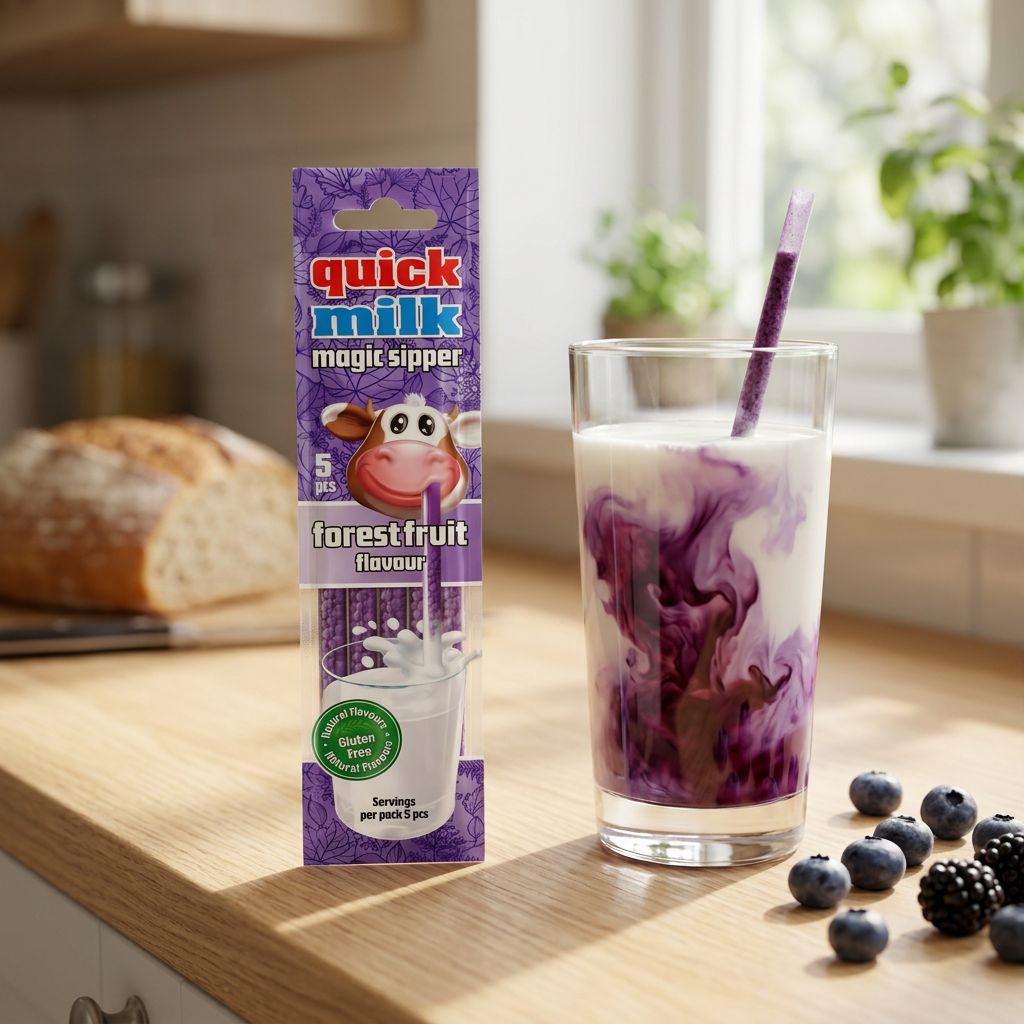 Quick Milk Magic Slipper Forest Fruit, paille magique aromatisée fruits des bois, snack américain disponible sur My American Shop