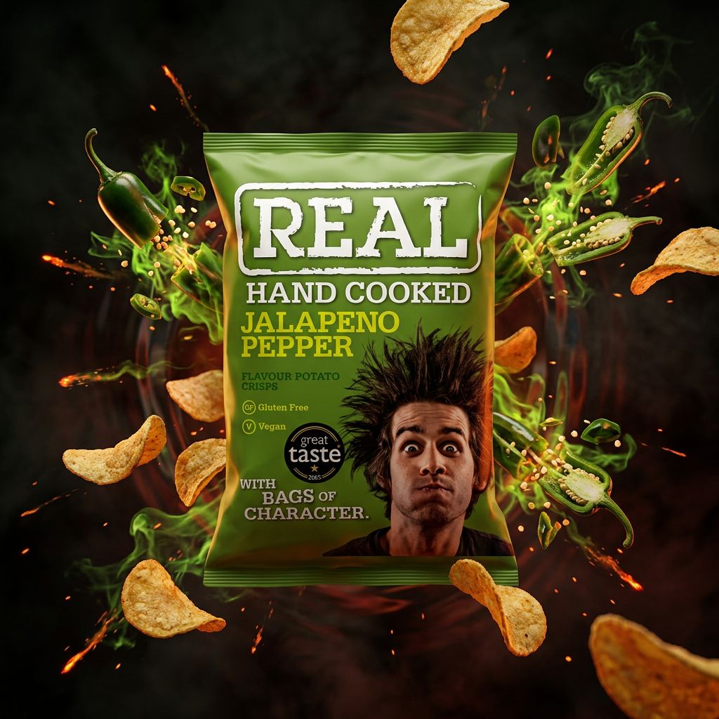 Real Crisp Small Jalapeños, chips hand cooked britanniques saveur piment fort, format snacking, disponible sur My American Shop