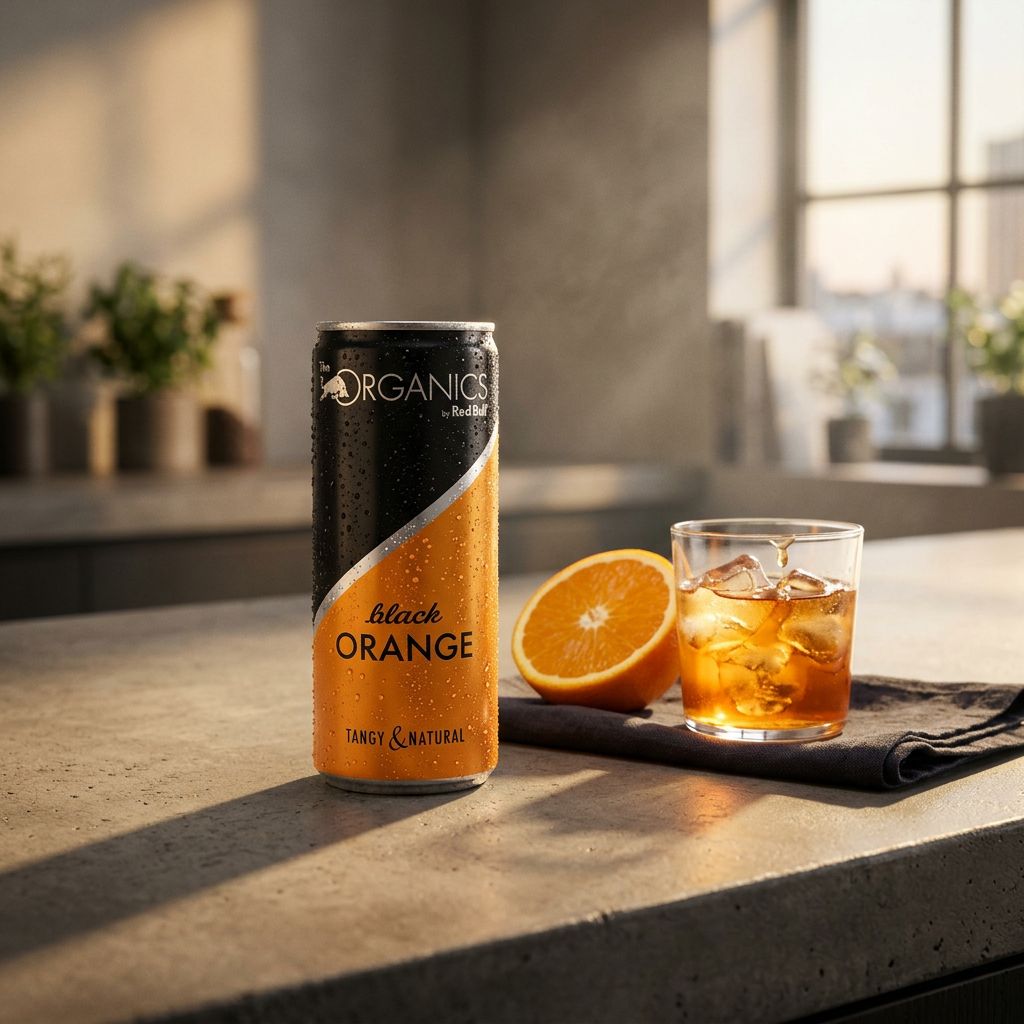 Red Bull Organics Black Orange 250ml, boisson gazeuse bio orange douce et amere, disponible sur My American Shop