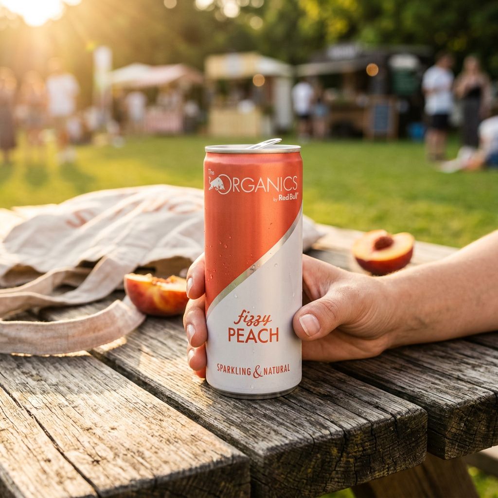 Red Bull Organics Fizzy Peach, canette boisson gazeuse bio saveur pêche naturelle, disponible sur My American Shop
