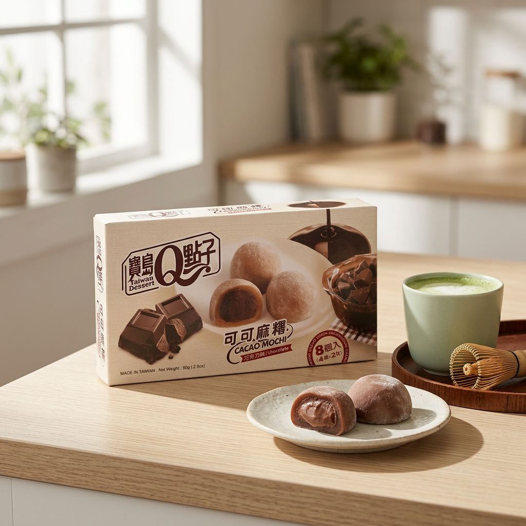 Royal Family Cacao Mochi Chocolate Box, mochi taïwanais fourré chocolat, boîte individuelle, disponible sur My American Shop