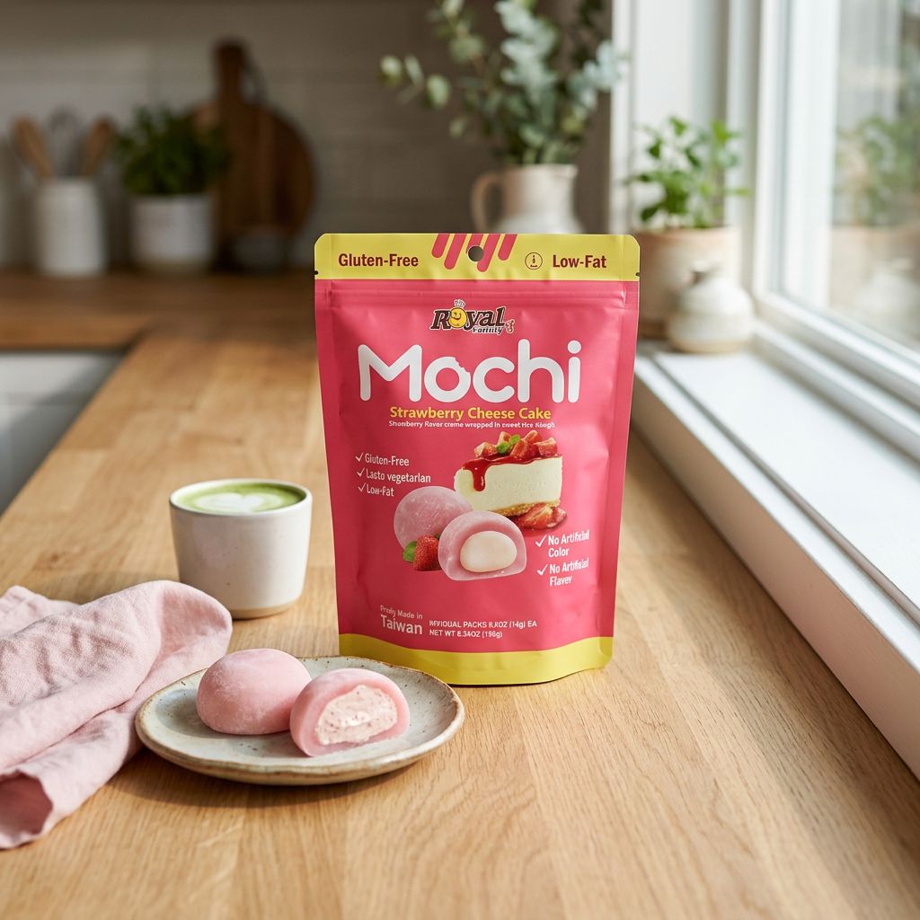Royal Family Mochi Cheesecake Fraise, snack taïwanais au riz gluant, disponible sur My American Shop