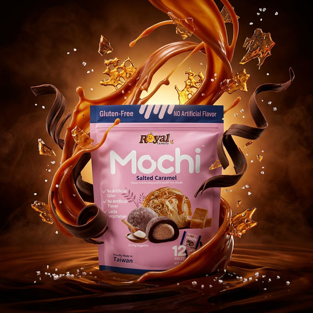 Royal Family Mochi Salted Caramel, pâtisserie japonaise riz gluant caramel salé origine Taiwan, disponible sur My American Shop